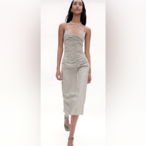 ZARA Striped Rustic Ruched Front Midi Dress - Picture 1 of 6